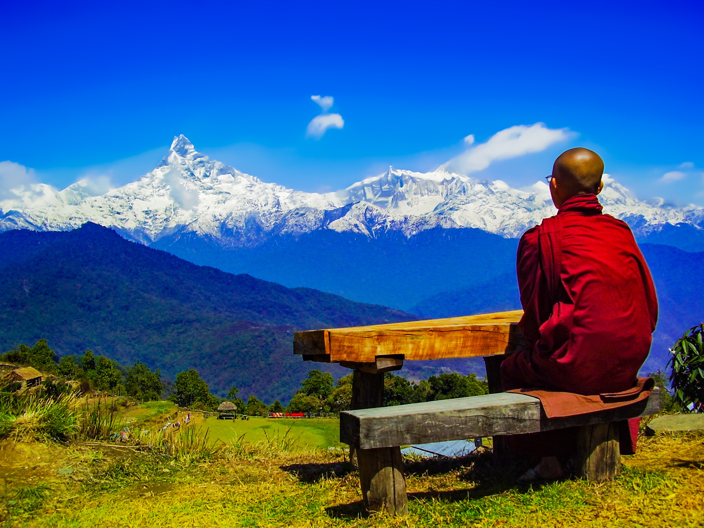 monk sitting on bench in annapurna nepal