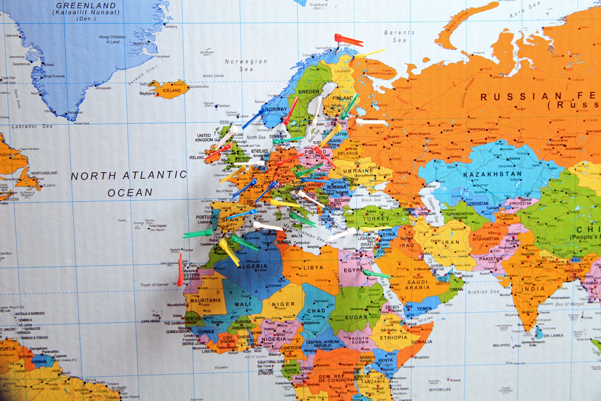 world map with pins in europe