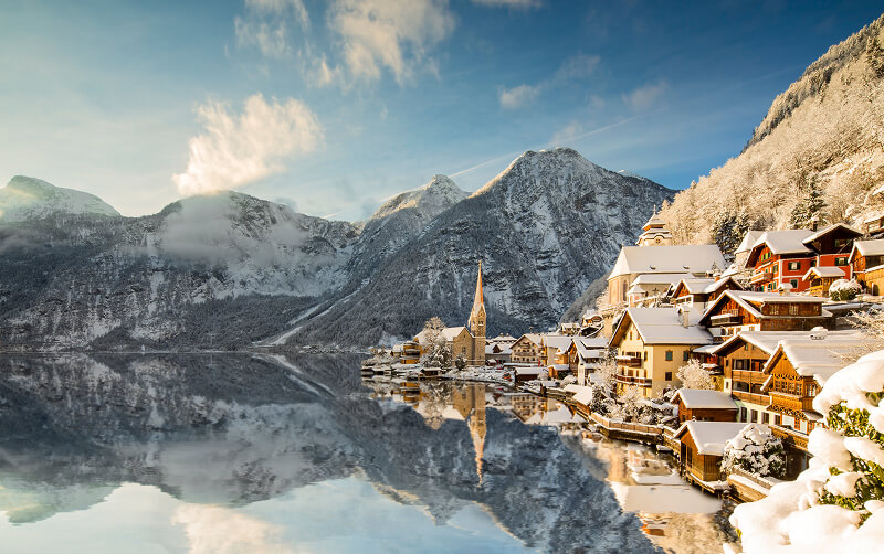 snowy lakeside village in Austria